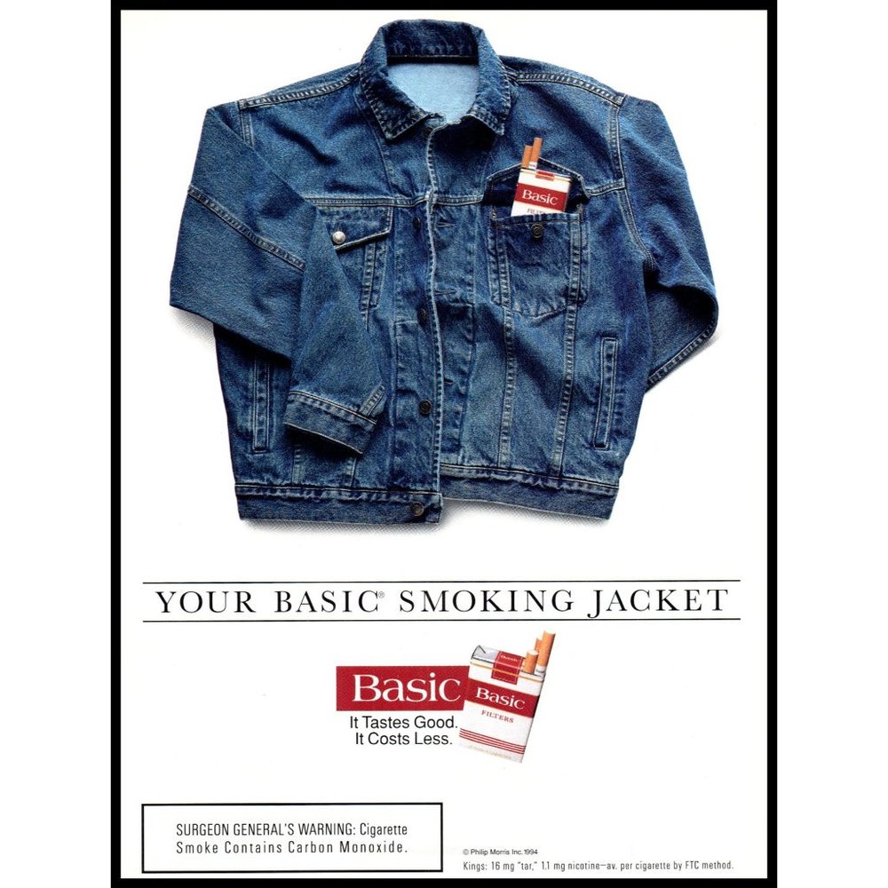 1994 Basic Cigarettes Vintage Print Ad Blue Jean Denim Jacker Wall Art Photo